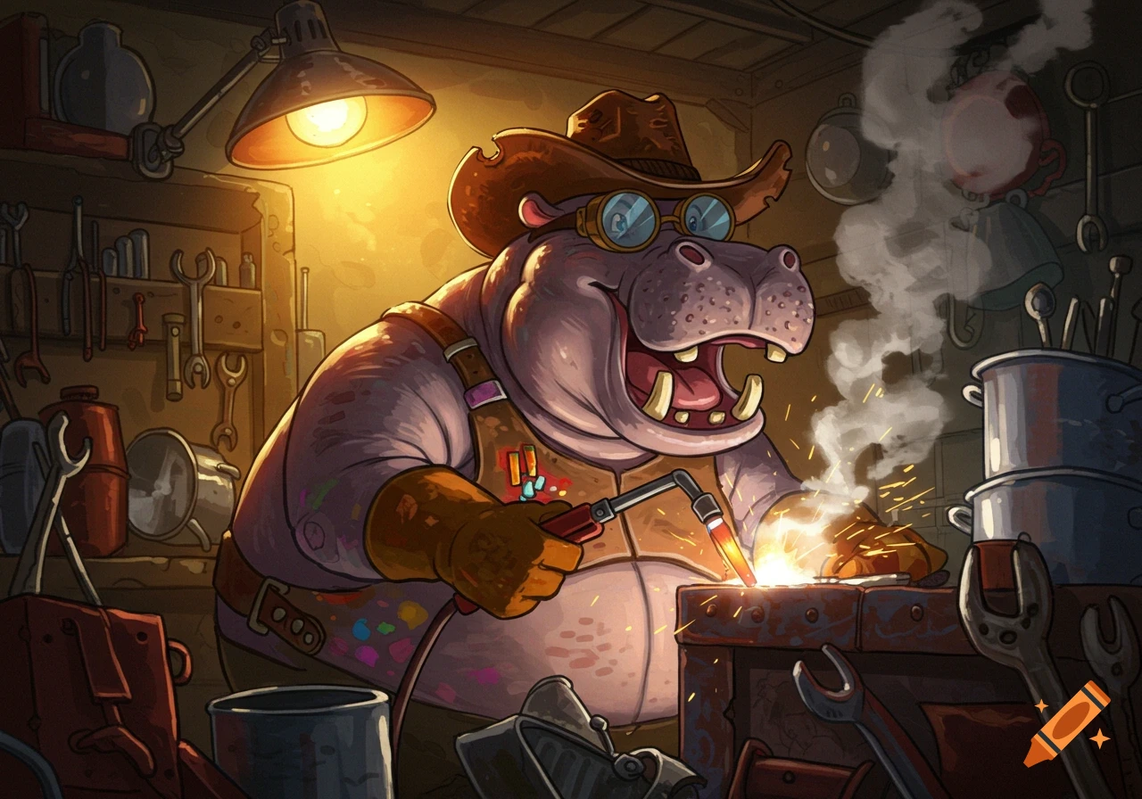 Cartoon hippo in a cowboy hat and goggles welding metal, with sparks flying, in a dimly lit workshop filled with tools.