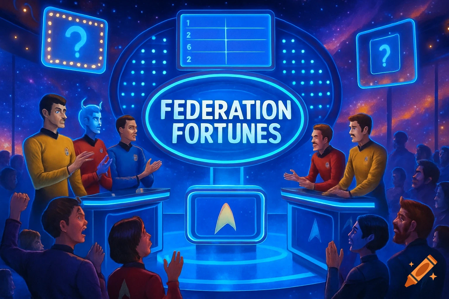 A Star Trek-themed game show 'Federation Fortunes' with Starfleet characters and aliens on stage and an audience, in a neon blue futuristic studio. Illustrative style.
