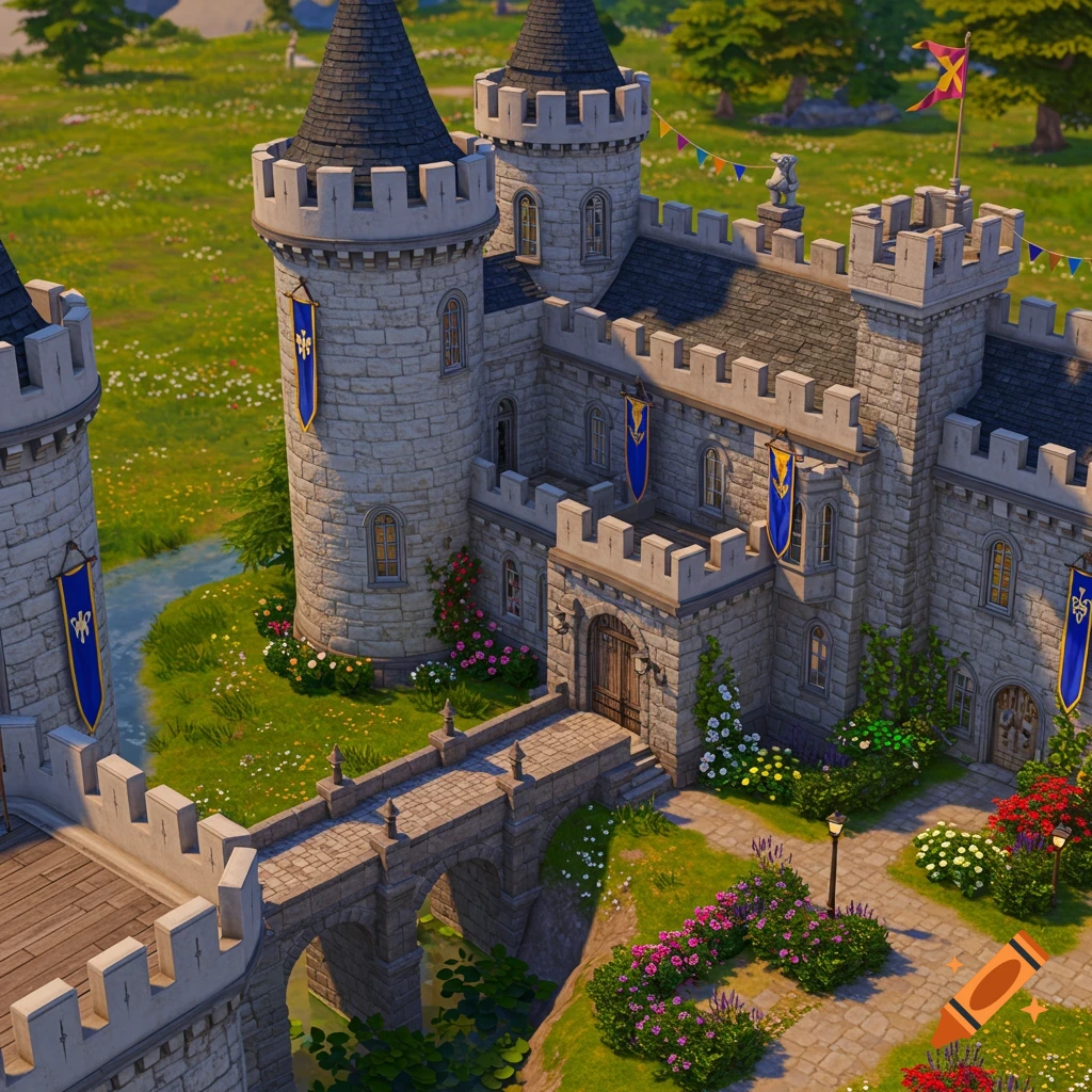 A colorful, isometric view of a large medieval castle with multiple towers, a stone bridge, and vibrant flower gardens.
