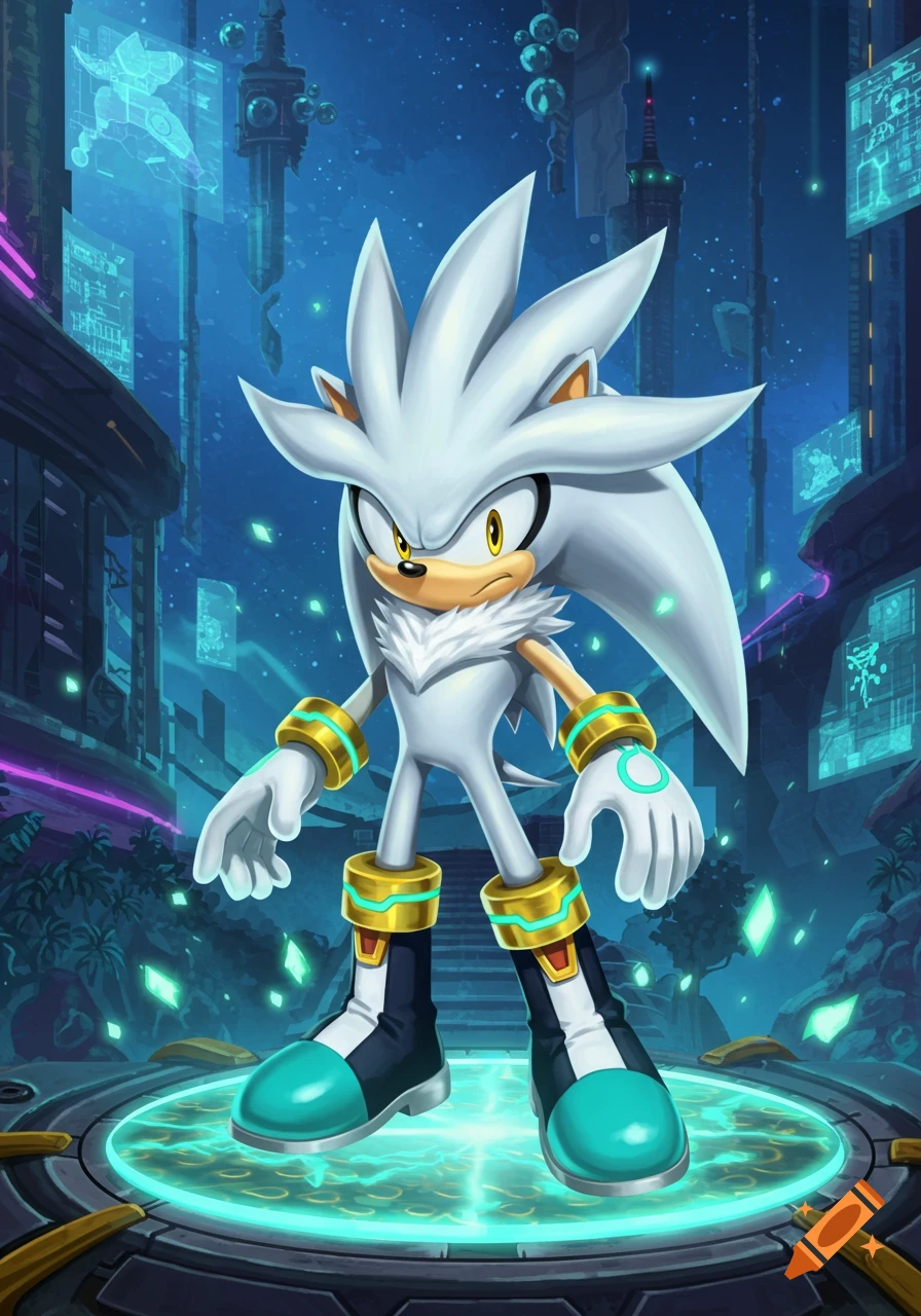 Silver the Hedgehog, a white hedgehog with spiky quills, stands in a futuristic city with glowing blue holographic displays and structures.