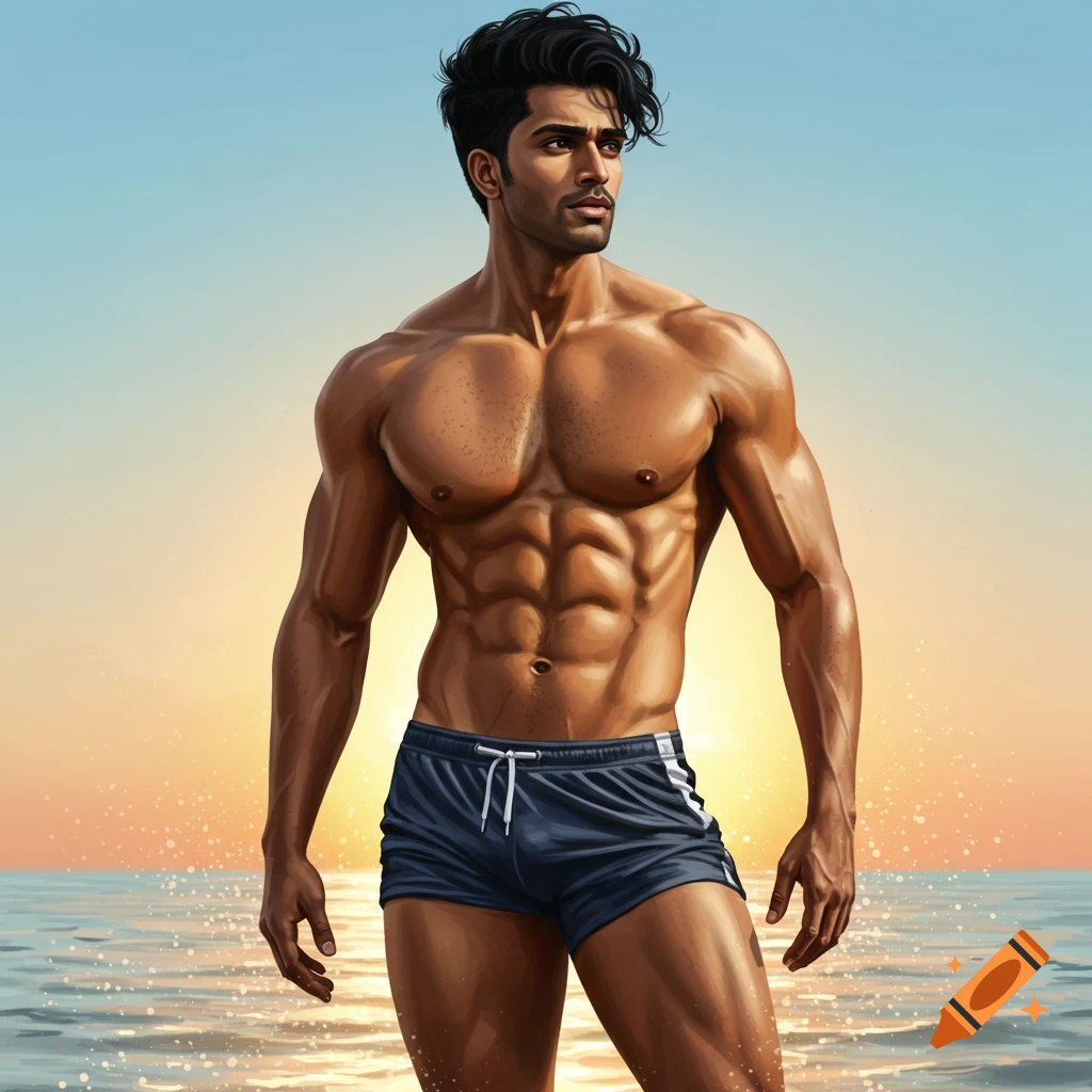 A muscular man with a six-pack and dark hair stands shirtless in blue swim trunks on a beach at sunset.