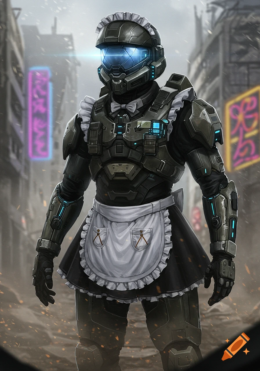 A sci-fi armored soldier wearing a maid outfit stands in a futuristic, rainy city.