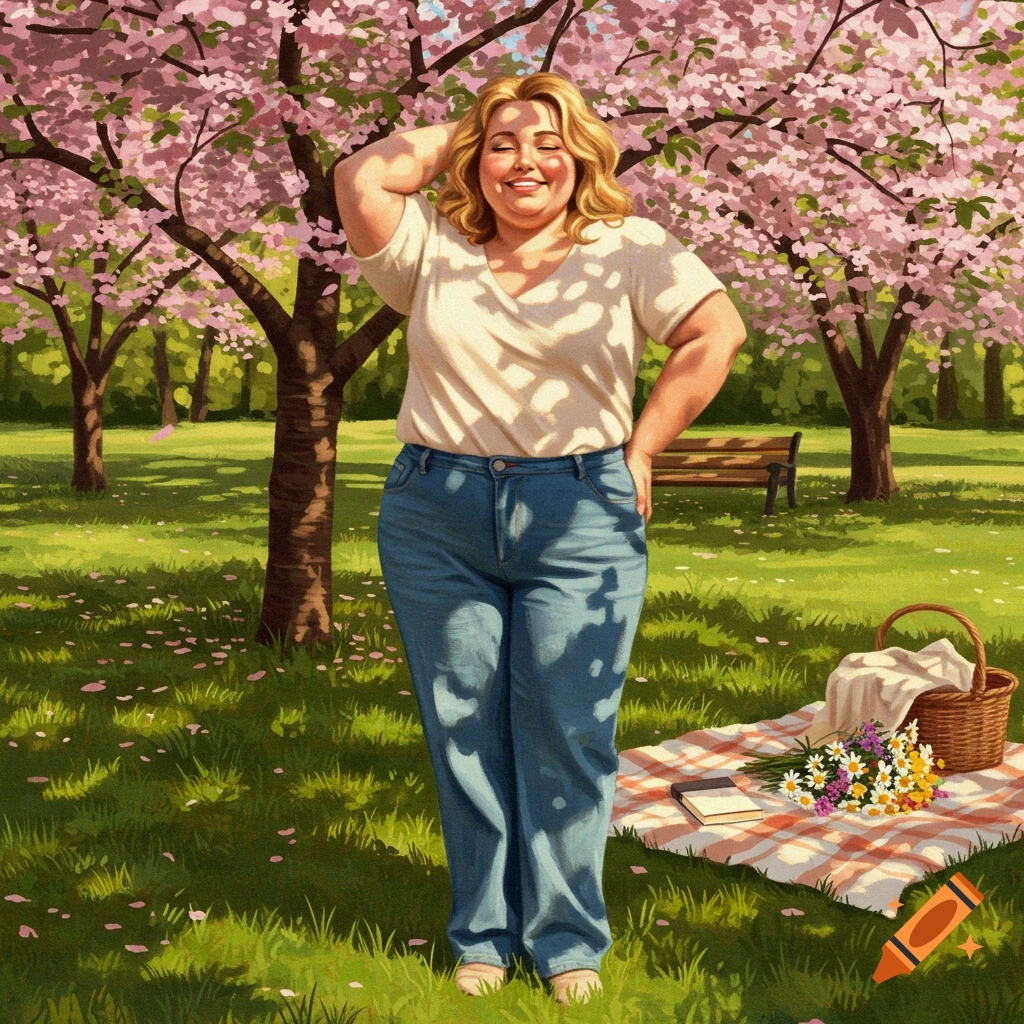 A happy woman stands in a sunny park filled with pink cherry blossom trees, with a picnic blanket and basket nearby.