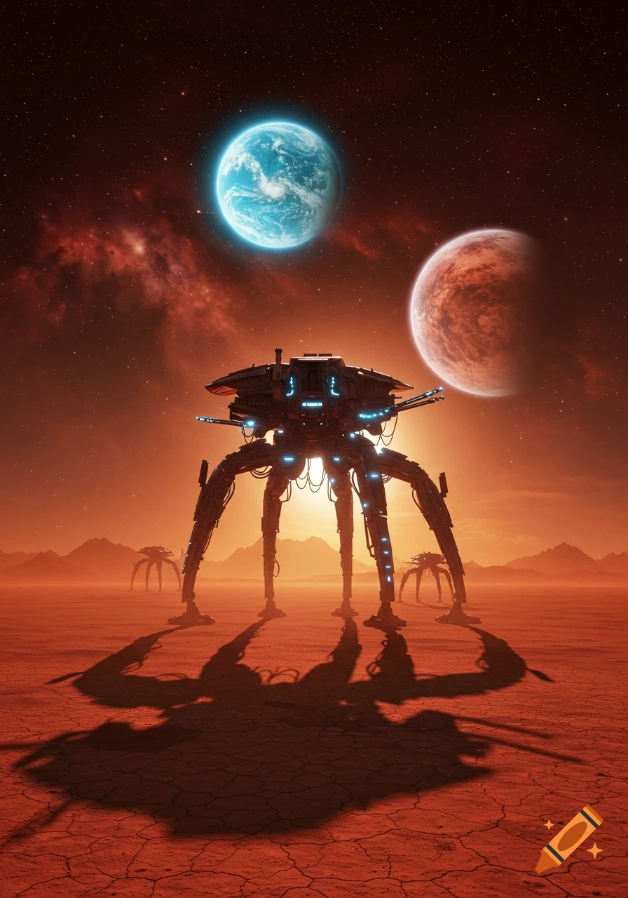 Several five-legged alien walkers on a desolate, red planet under two large planets in the sky, photorealistic.