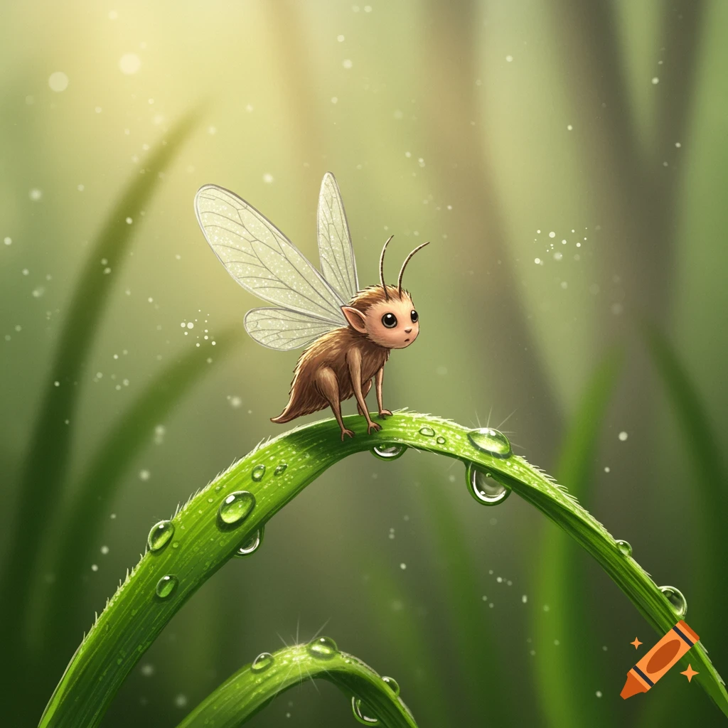 A whimsical, furry, winged creature with antennae sits on a blade of grass covered in dew drops.