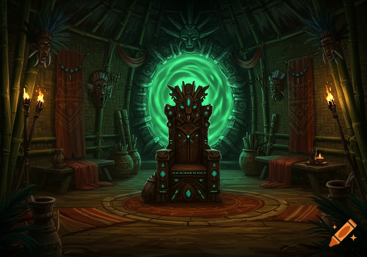 Dark tribal hut interior with an ornate throne in front of a glowing green voodoo portal, decorated with masks and torches.
