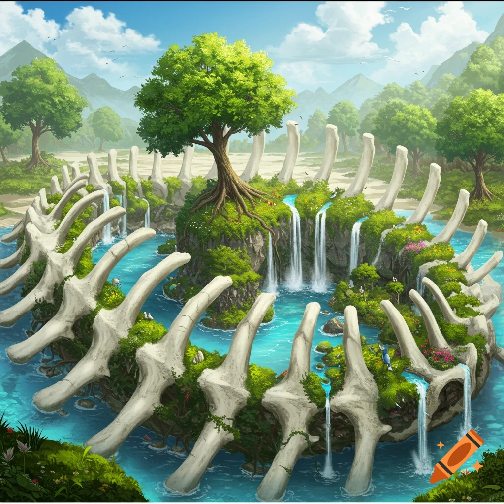 Lush fantasy landscape with a large tree on an island surrounded by giant white bones and waterfalls, under a blue sky.
