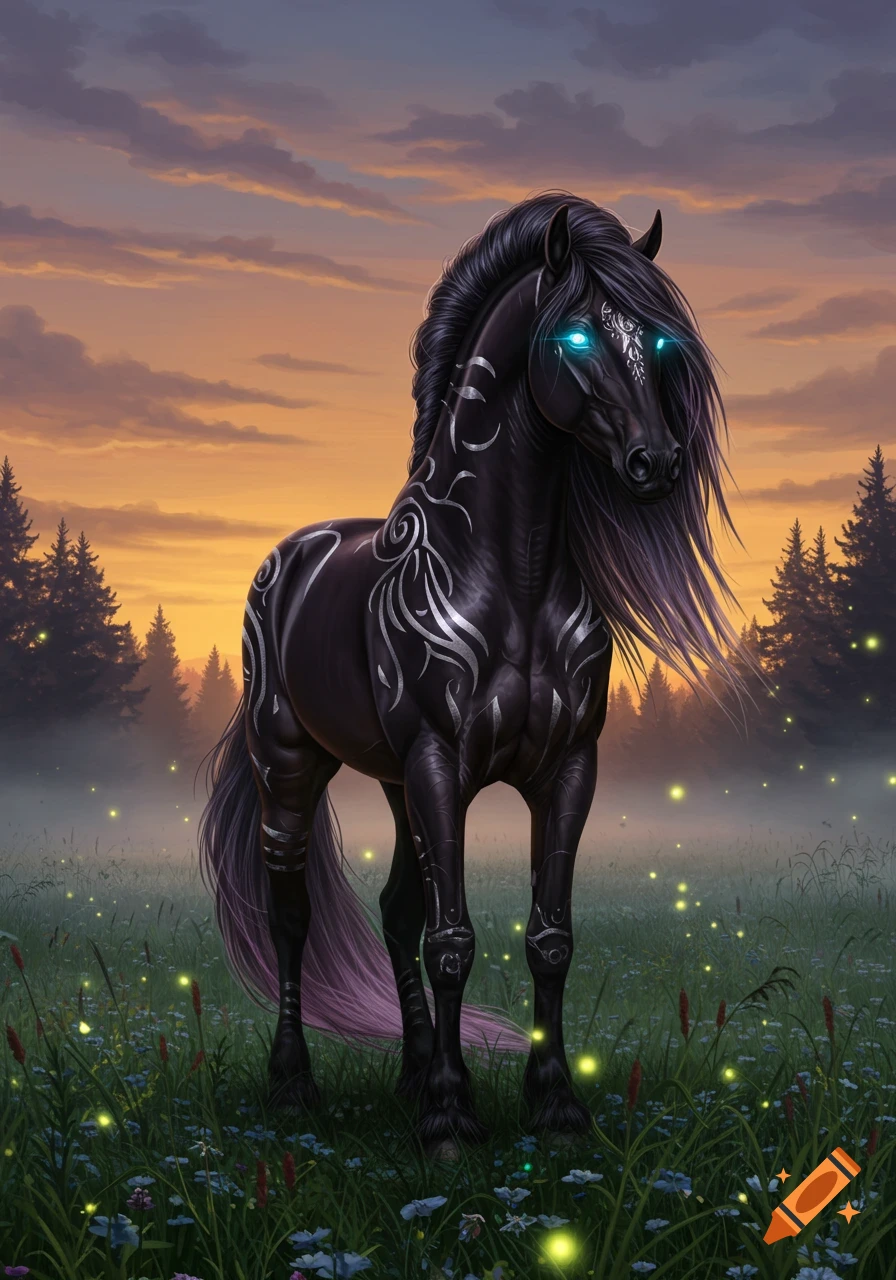 A black fantasy horse with glowing blue eyes and silver markings stands in a magical meadow with fireflies at sunset.