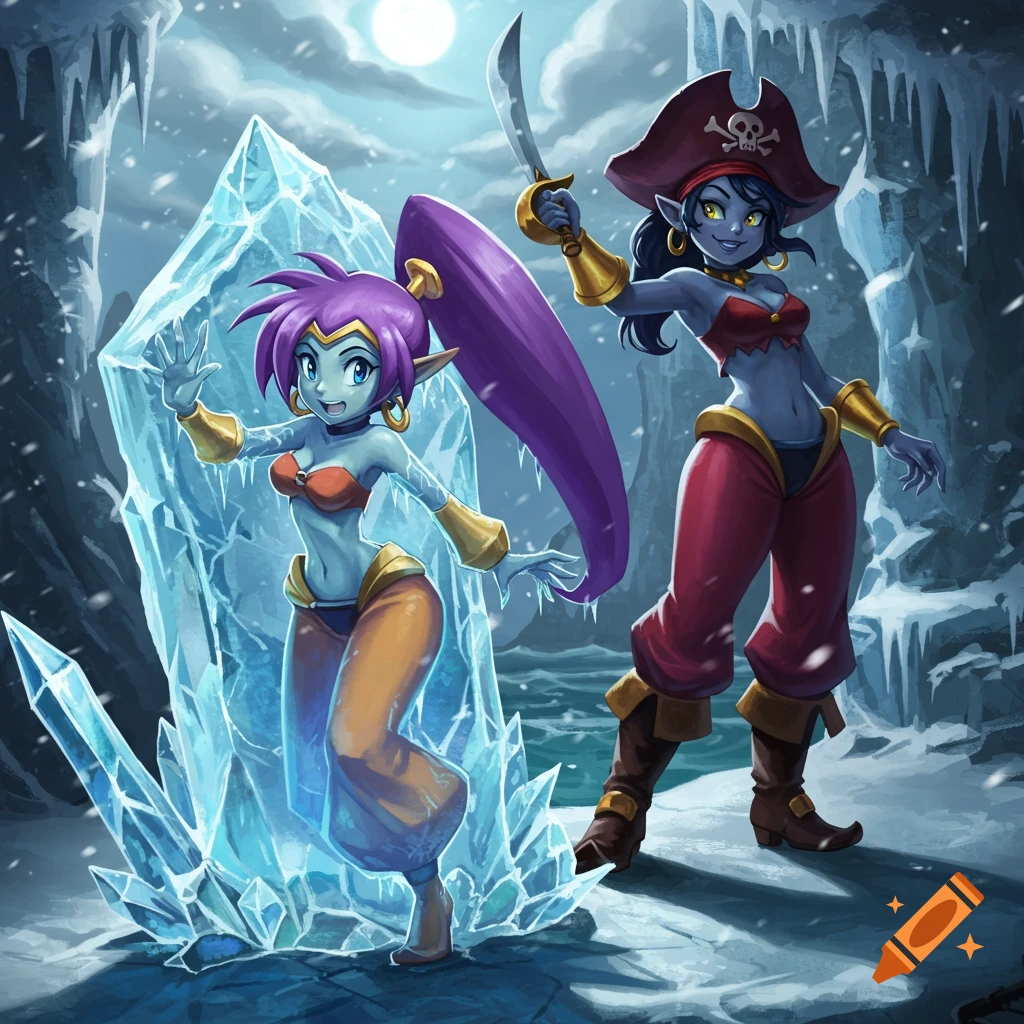 A purple-haired genie girl is frozen in a large ice block, while a pirate girl with a sword stands in an icy cave.