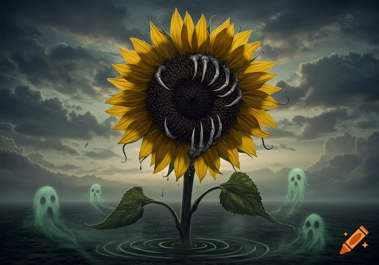 A dark fantasy illustration of a sunflower with skeletal claws in its center, standing in water under a stormy sky, with glowing green ghosts floating nearby.
