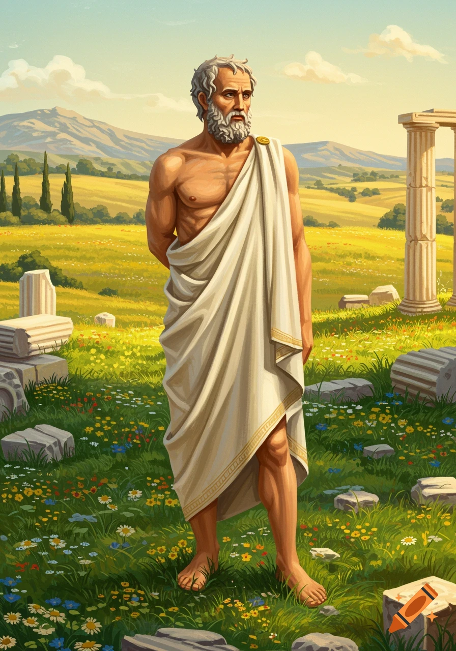 A bearded man in a toga stands barefoot in a field with wildflowers and ancient Greek ruins under a clear sky.