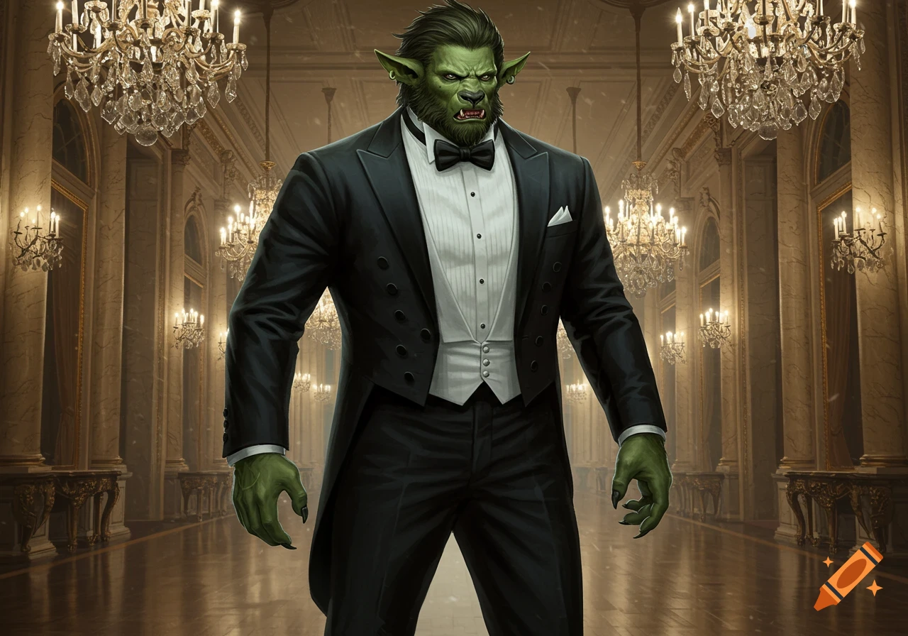 A green-skinned, tusked fantasy creature in a tuxedo stands in a grand ballroom with chandeliers.