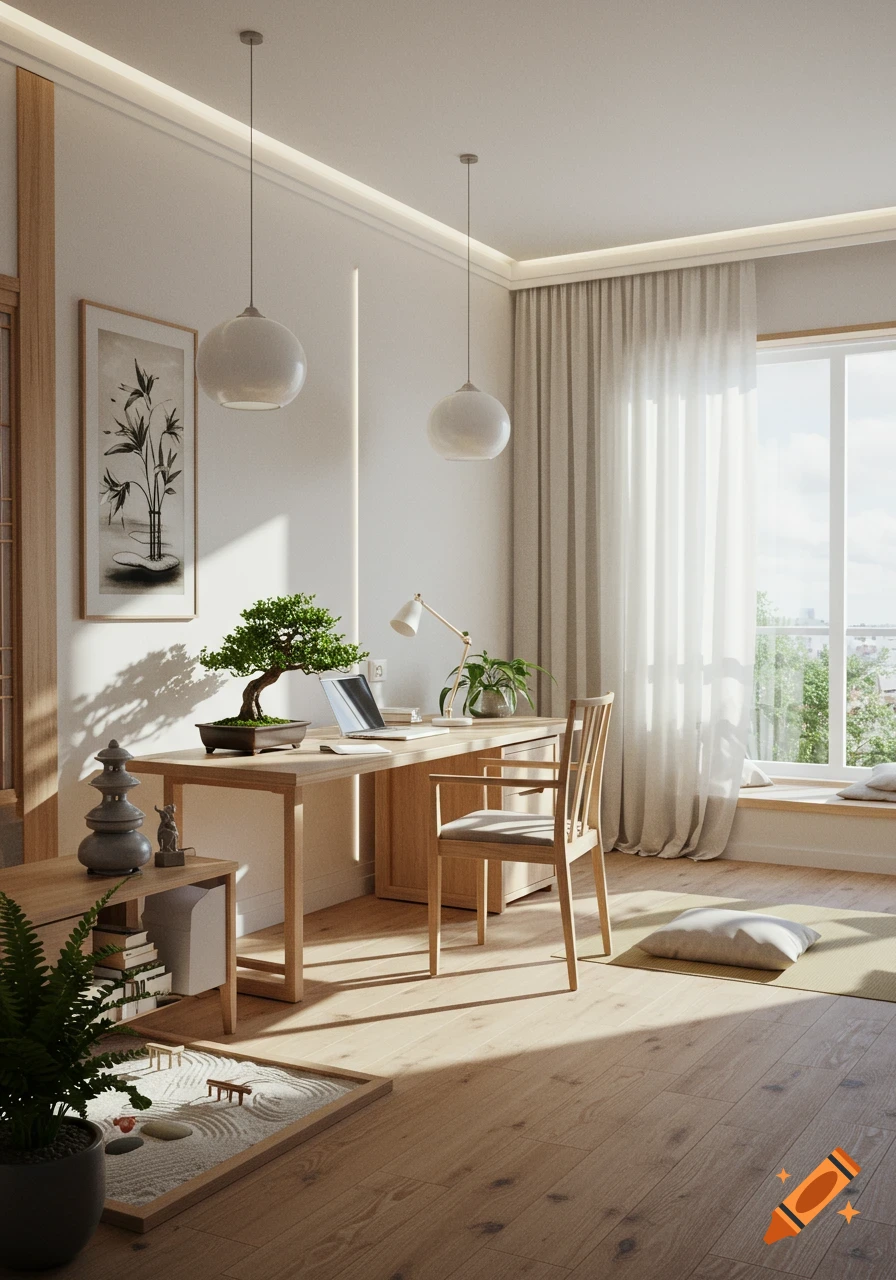 A bright, photorealistic minimalist home office with light oak furniture, a bonsai tree, and a miniature sand garden. Sunlight streams through a large window.