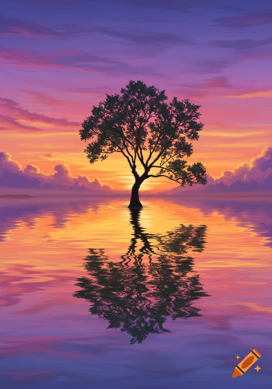A silhouette of a tree stands in tranquil water reflecting a vibrant sunset sky with purple and orange clouds.
