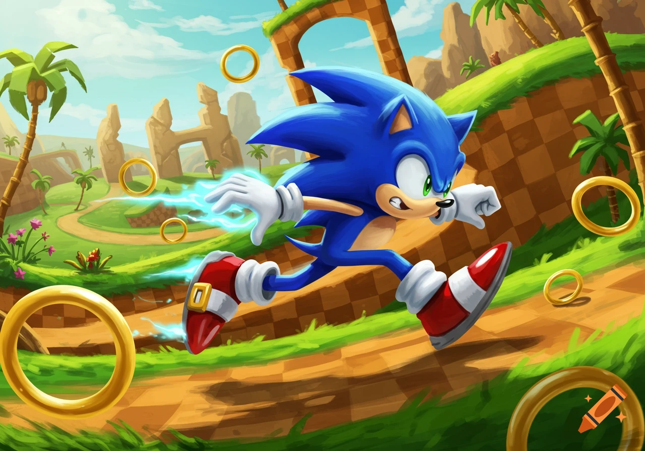 Sonic the Hedgehog speeds through a colorful cartoon landscape with palm trees, hills, and golden rings, leaving a blue trail.