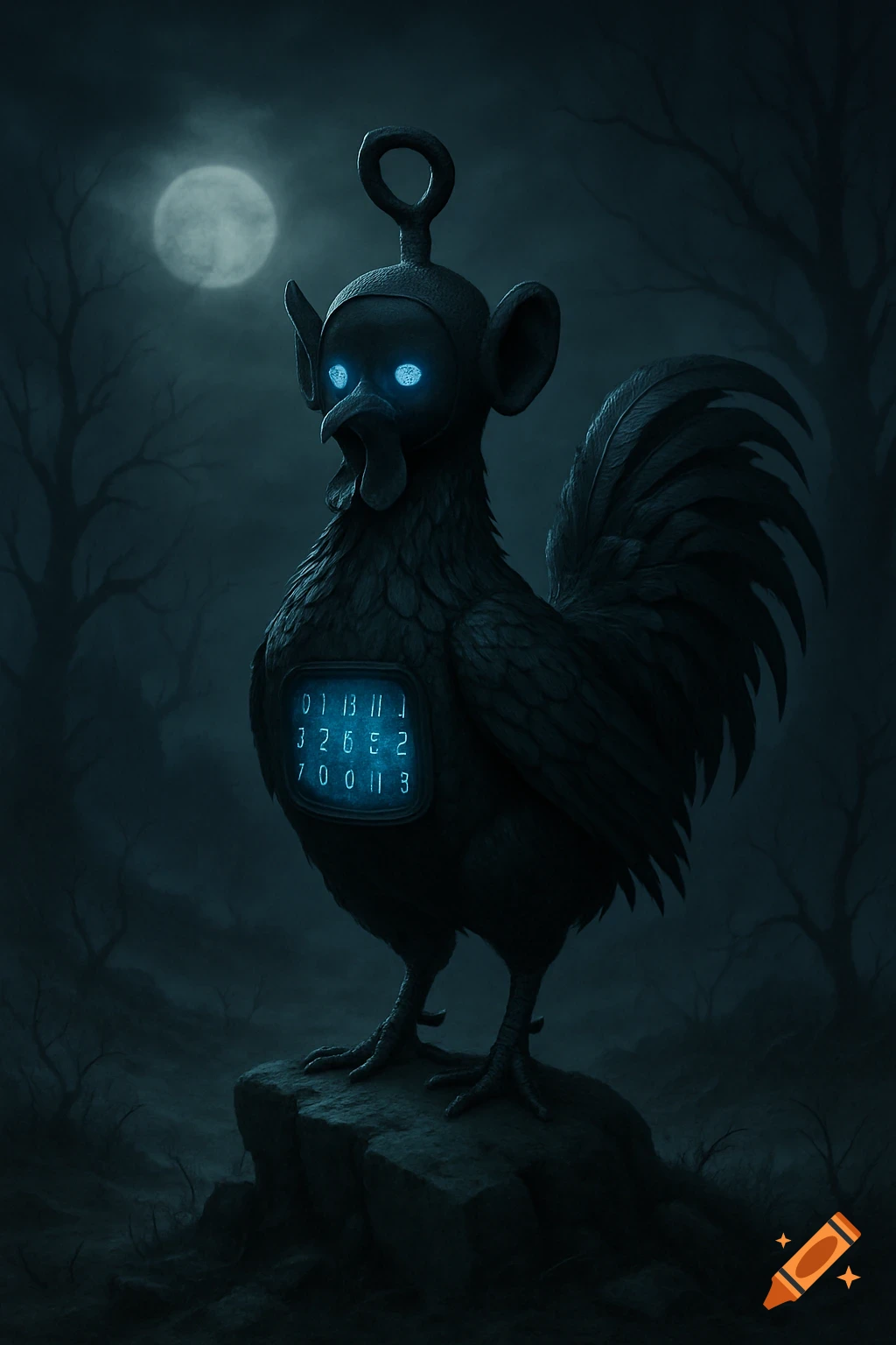 A dark, eerie creature that is a hybrid of a Teletubby and a rooster with glowing blue eyes and a glowing screen on its stomach, standing on a rock in a dark, moonlit forest, in a realistic dark fantasy style.