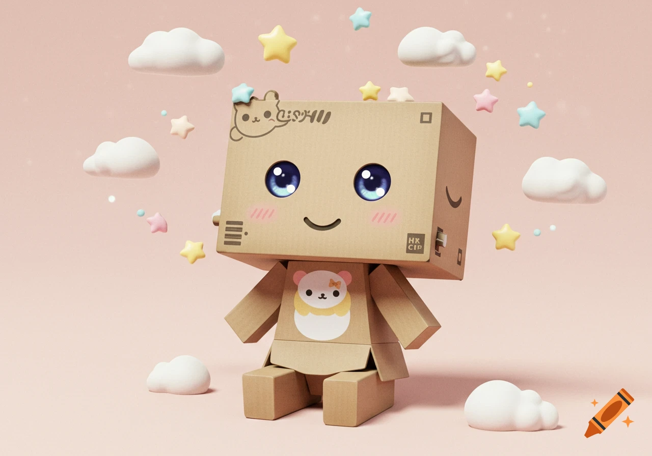 A cute anime-style character made of cardboard, with big blue eyes and pink blush, sits amidst pastel clouds and stars on a pink background.