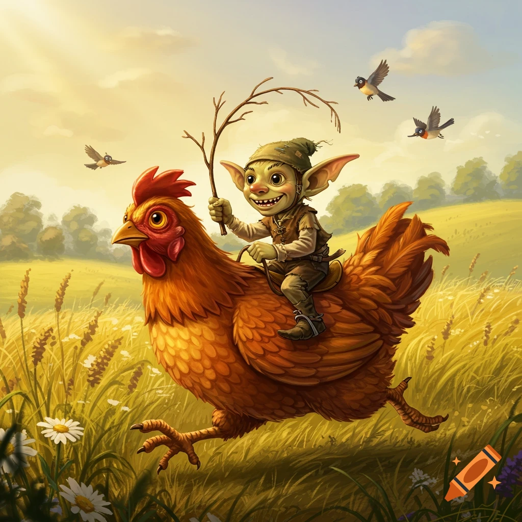 A whimsical illustration of a small goblin with large ears and a wide grin, riding a brown chicken through a sunny field of golden grass. Birds fly in the sky.