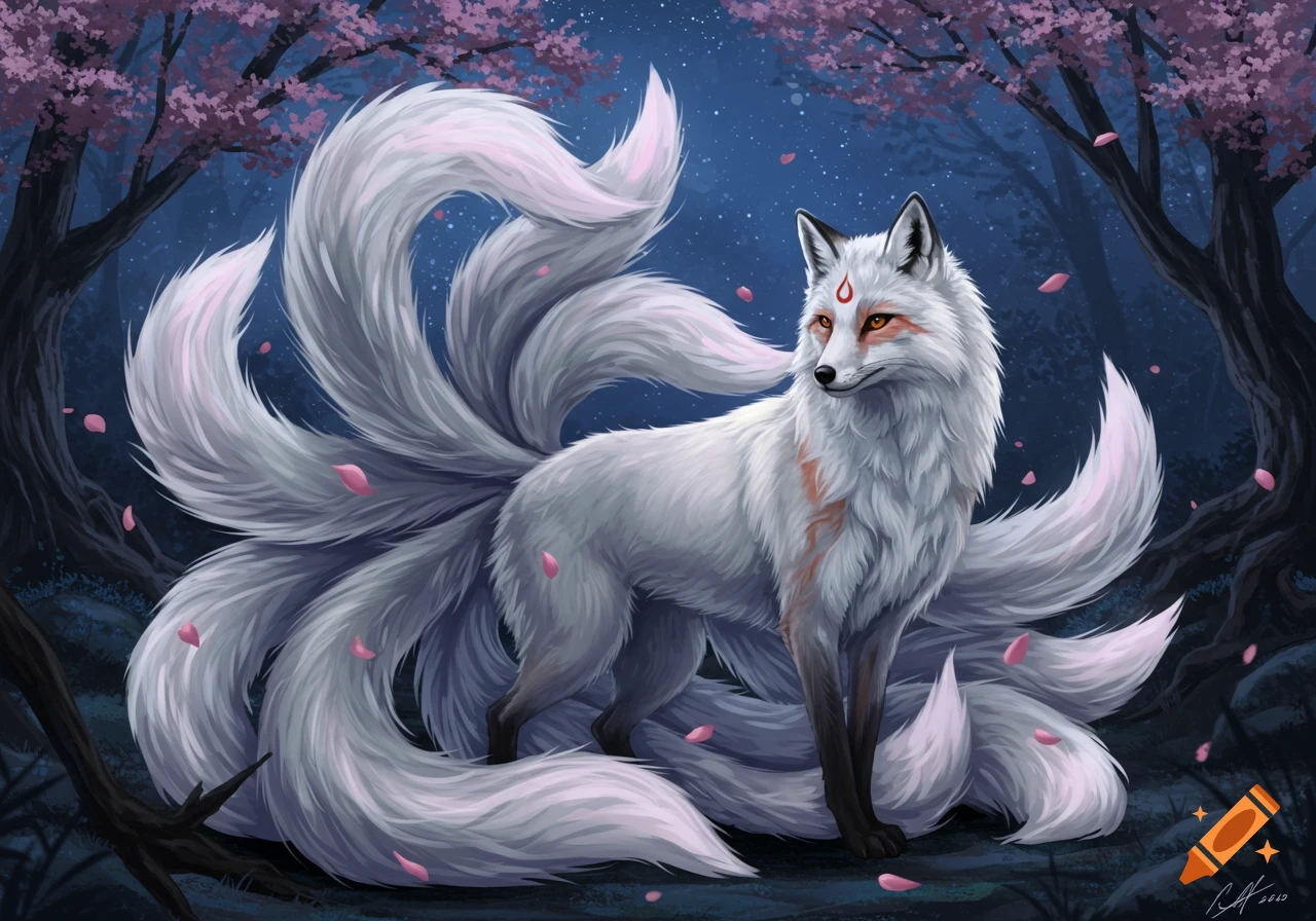 A white nine-tailed fox, or kitsune, with orange markings on its face and chest, stands in a dark, moonlit forest with pink cherry blossoms falling around it. The art style is painterly and vibrant.