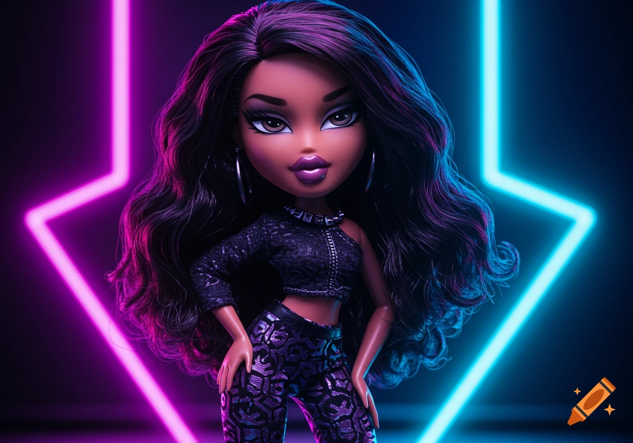 A close-up shot of a Bratz doll with long dark hair, wearing a black crop top and leggings, standing against a dark background with pink and blue neon lights.