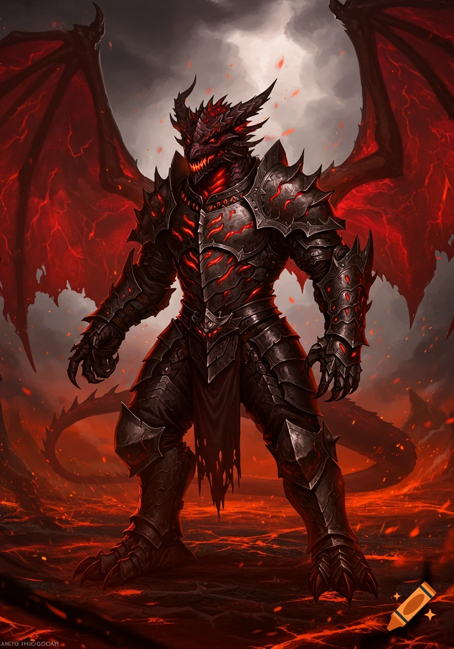 A formidable armored dark dragon-like creature with glowing red accents stands in a fiery molten landscape under a stormy sky.