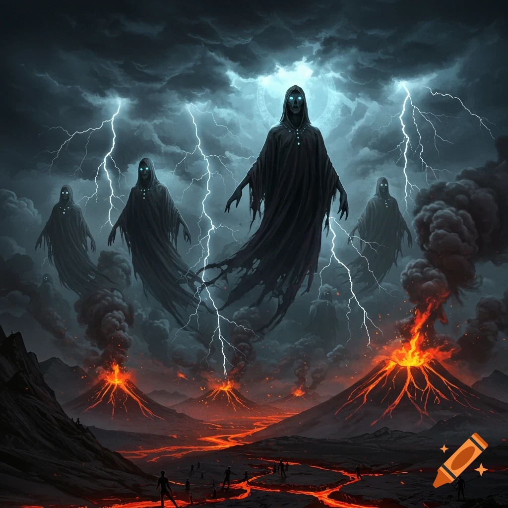 Ominous dark hooded figures with glowing eyes hover above erupting volcanoes and lava rivers under a stormy, lightning-filled sky.