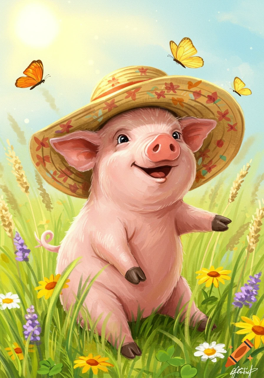 A happy cartoon pig wearing a straw hat smiles while sitting in a sunny field with colorful flowers and flying butterflies.