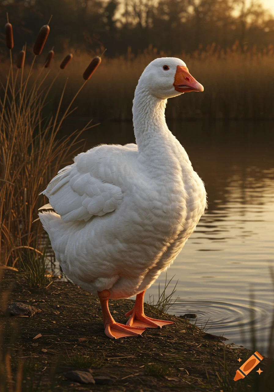 A white goose stands on the muddy bank of a pond, illuminated by the warm light of a sunset over the water and reeds.