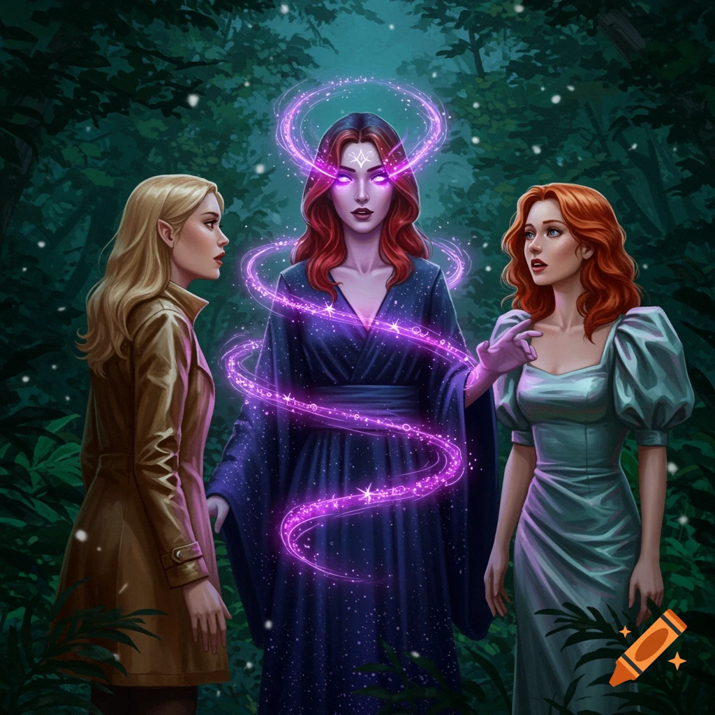 An illustration of a sorceress with glowing eyes and purple magical energy between two women in a dark forest.