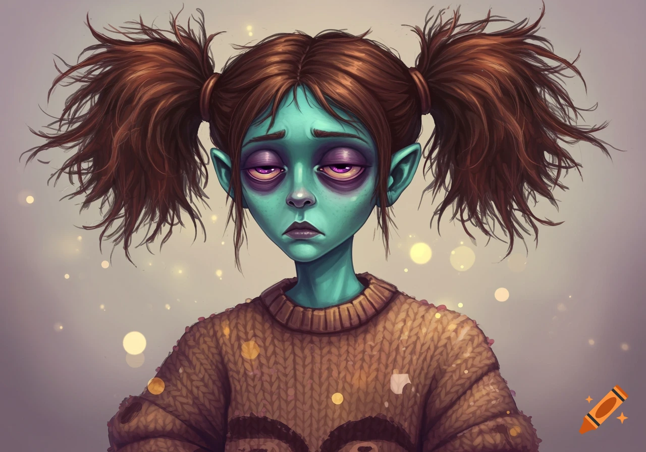 A stylized character with cyan skin, messy brown pigtails, and bored purple eyes, wearing a brown sweater.