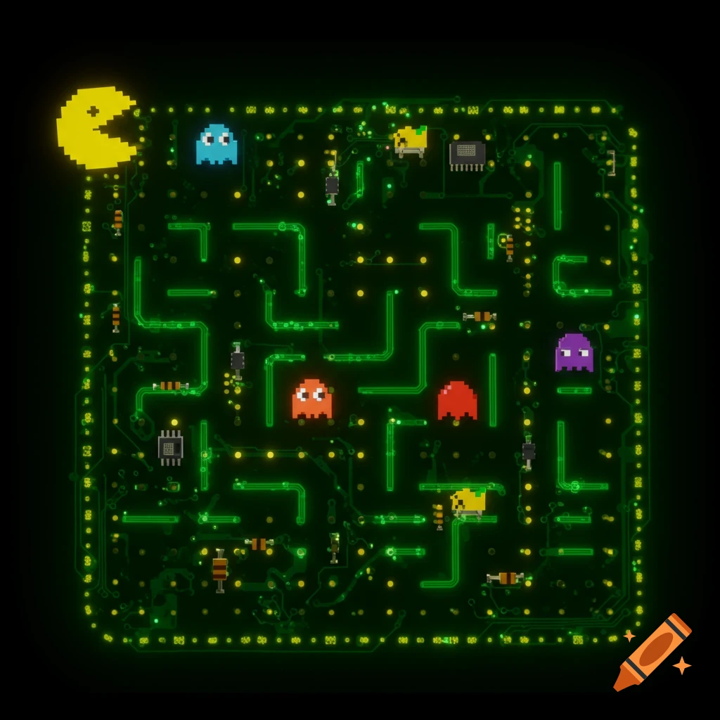 Pac-Man and ghosts on a glowing green circuit board maze.