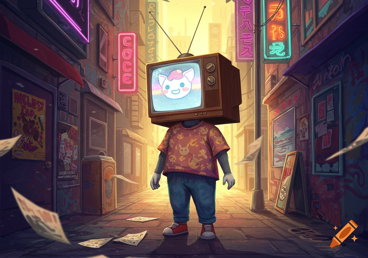 A cartoon person with a vintage TV for a head, wearing a patterned t-shirt and jeans, stands in a vibrant cyberpunk city alley at sunset with neon signs and flying papers.