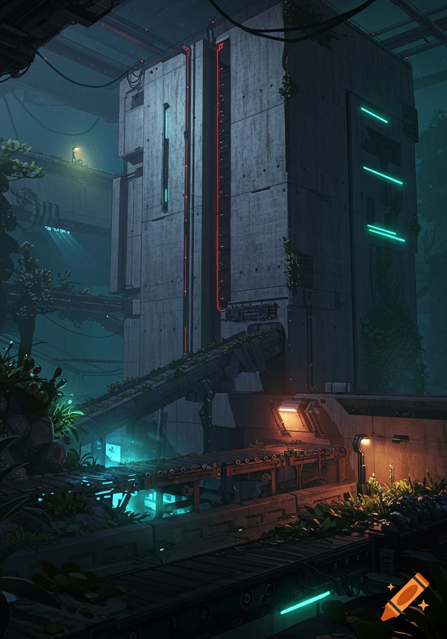 A brutalist industrial structure overgrown with plants, illuminated by green and red neon lights in a dark, atmospheric sci-fi environment.