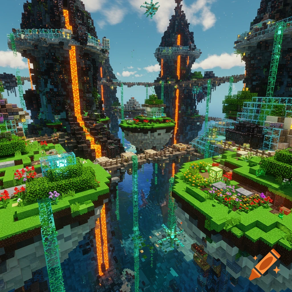 Vibrant Minecraft build of floating islands with green landscapes, blocky structures, flowing lava, and blue water, connected by bridges.