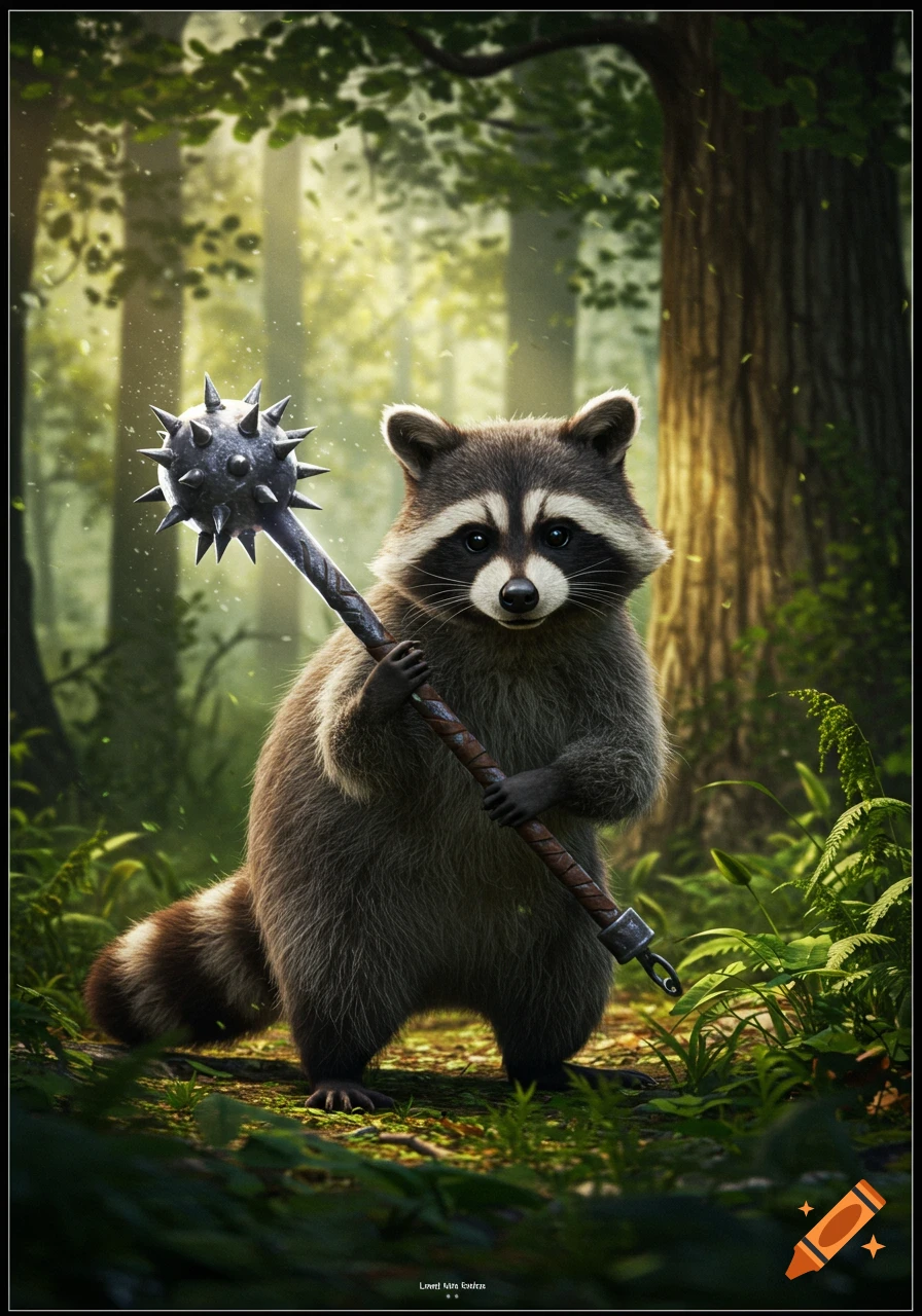 A cute anthropomorphic raccoon stands in a forest, holding a spiked mace.