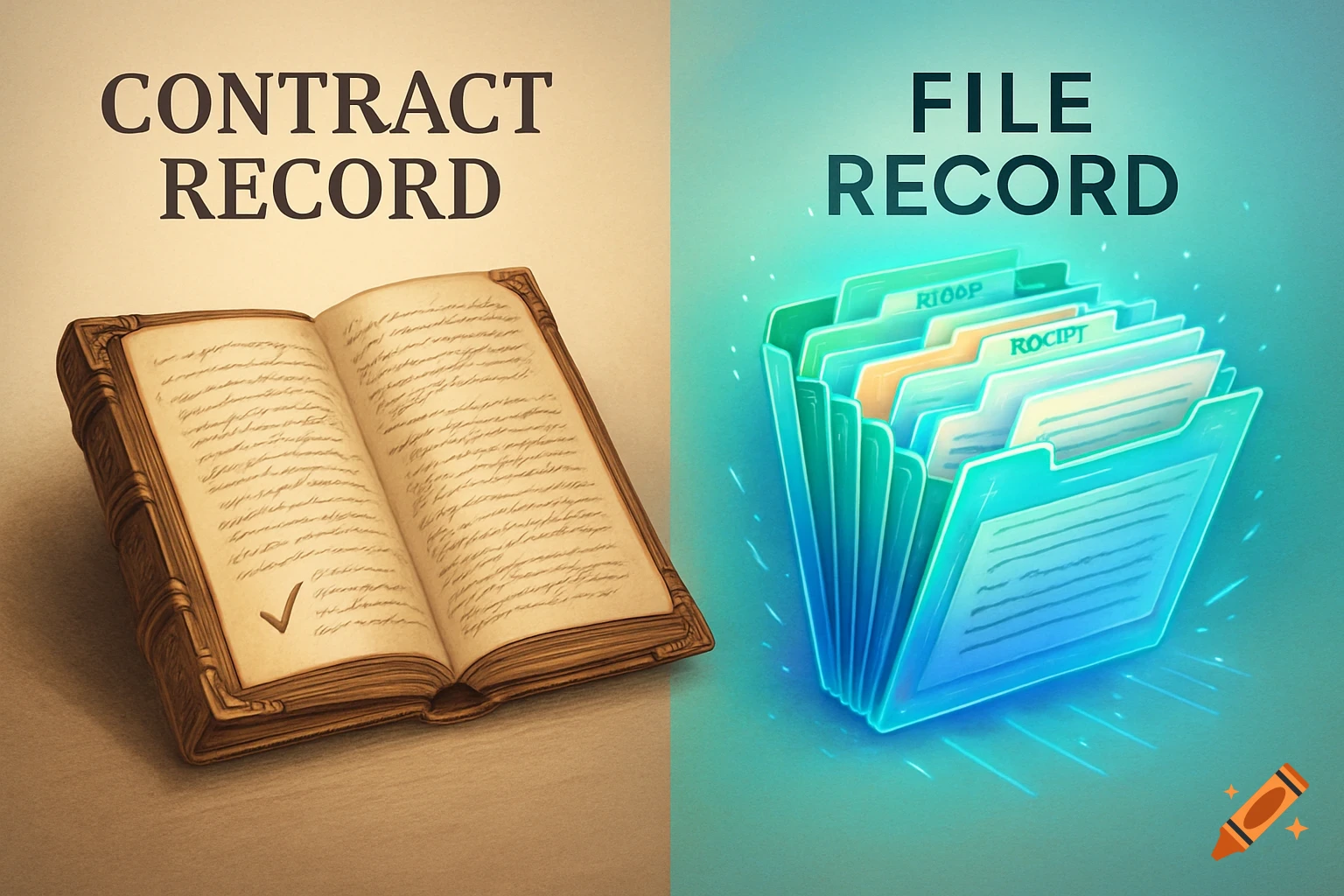 A split image showing a brown old contract record book with handwritten notes on the left and a glowing, modern teal accordion file record with document tabs on the right.