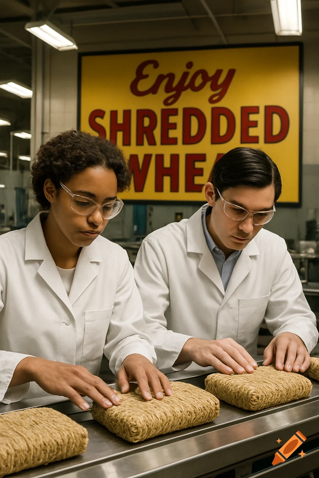 Two workers in lab coats inspect large shredded wheat biscuits on an assembly line, with a yellow 'Enjoy SHREDDED WHEAT' sign behind them.
