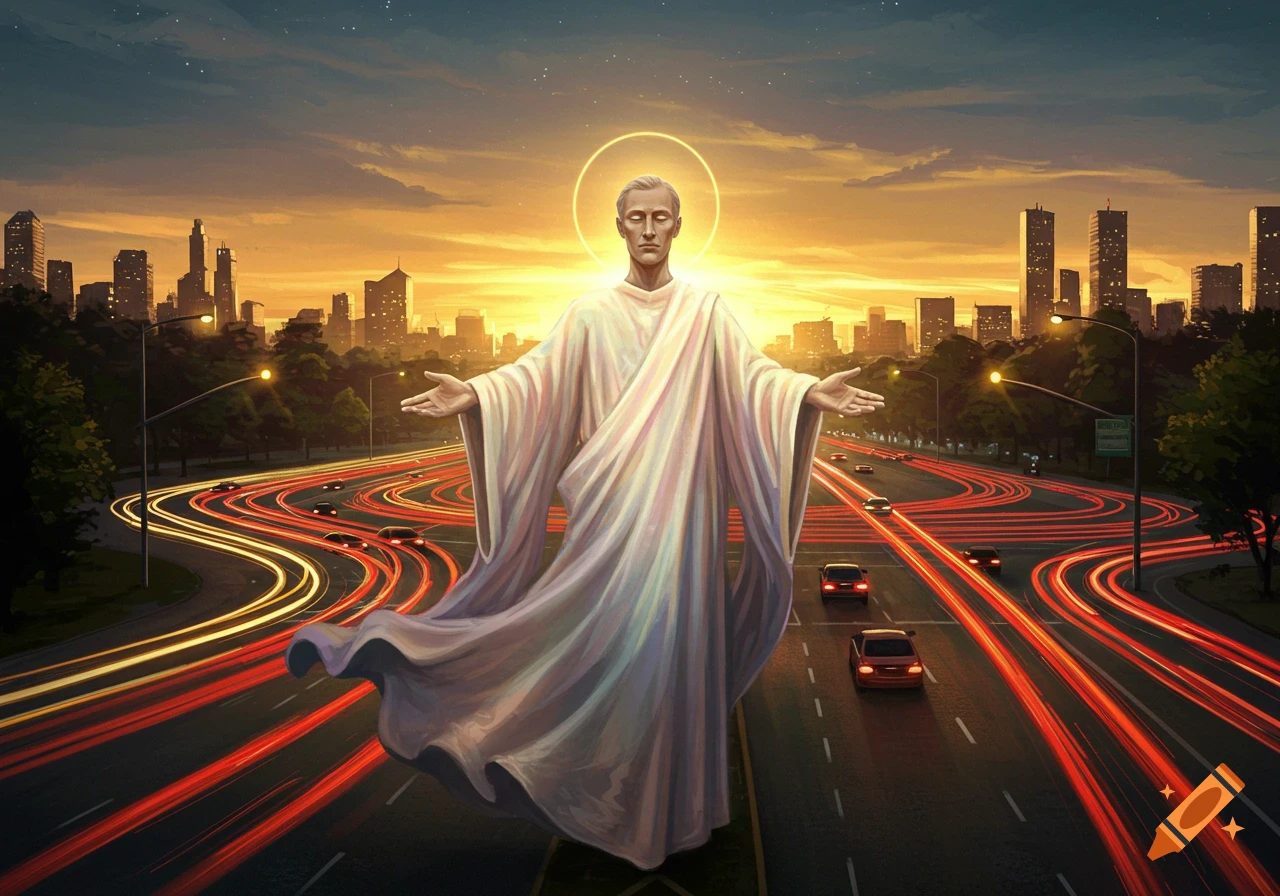 A robed figure with a halo stands on a highway at sunset with streaking car lights and a city skyline in this digital painting.