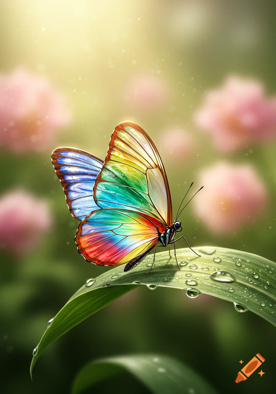 A vibrant, multi-colored butterfly with translucent wings resting on a green leaf with dew drops.