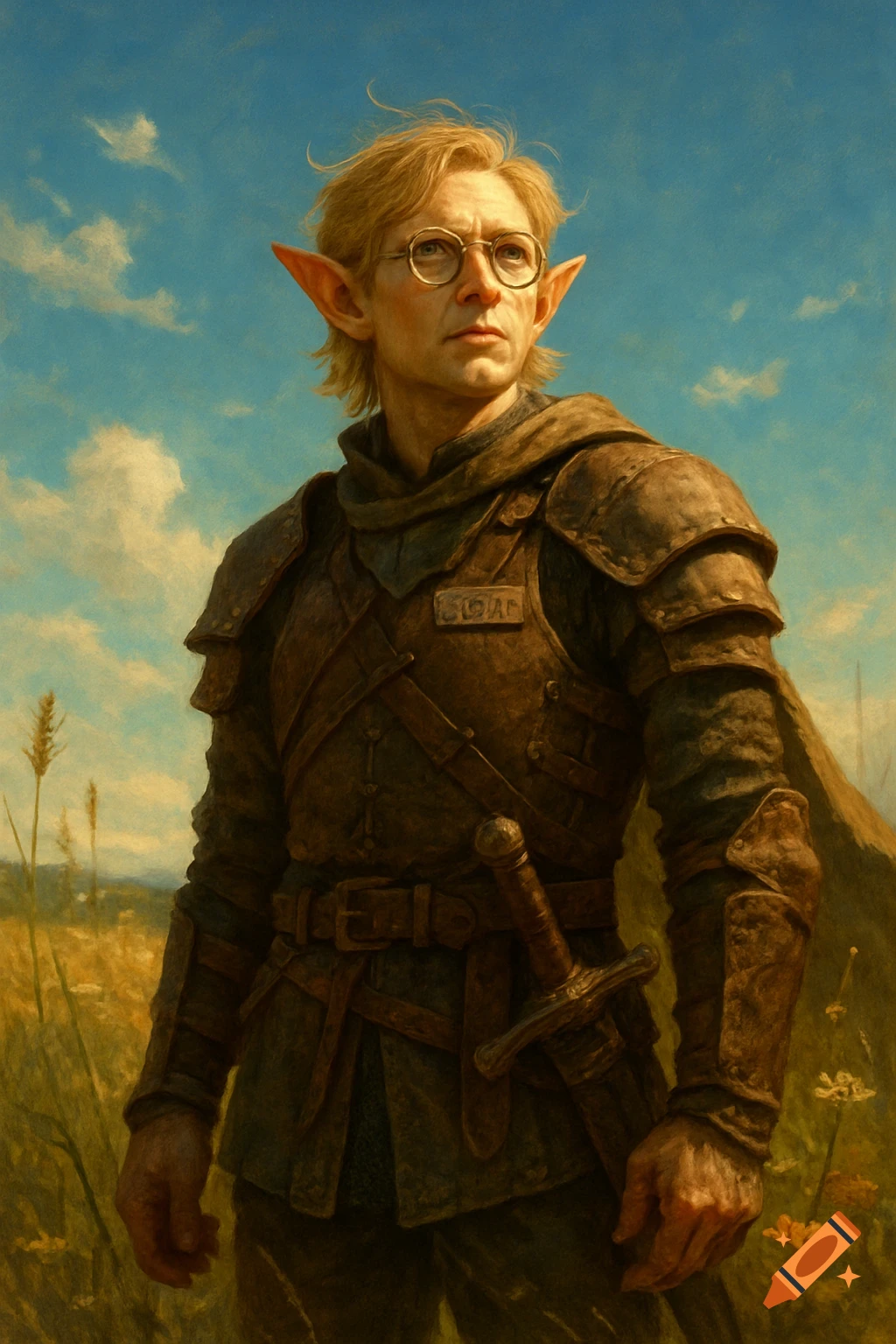 A blond-haired elf fighter with circular glasses and brown armor stands in a field under a blue sky, painted in a realistic style.