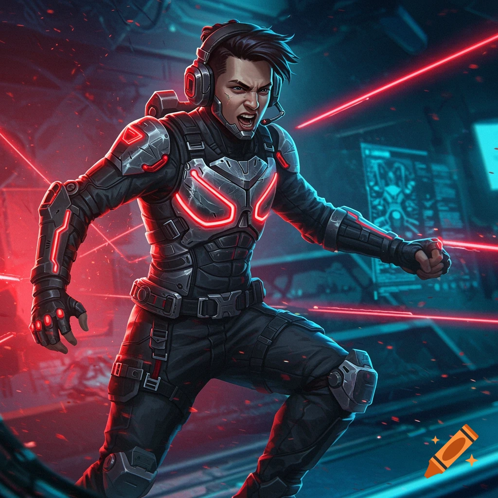 A person in futuristic black armor with red glowing lights and a headset, in an action pose with red lasers in a sci-fi setting.