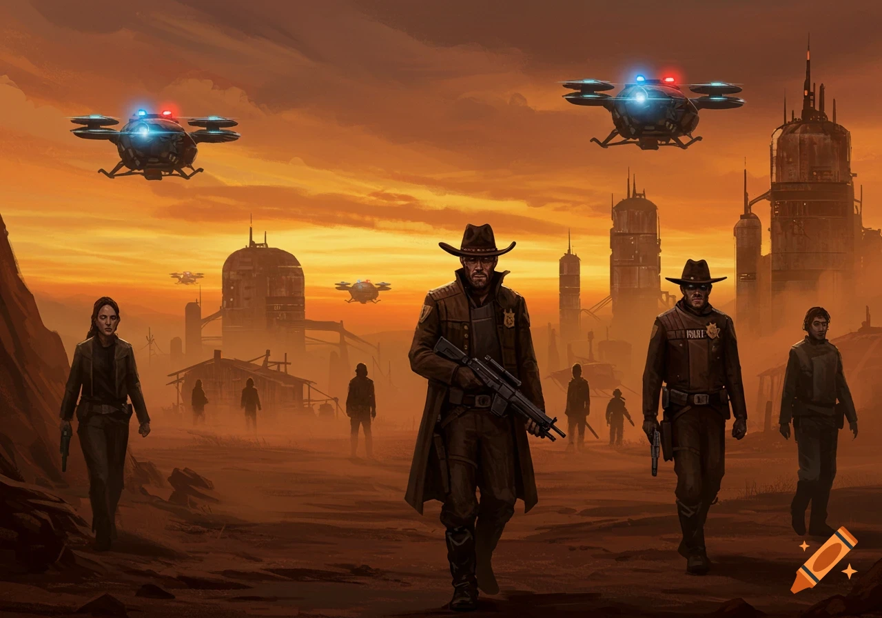 A group of law enforcement officers, dressed in futuristic Western attire, walk through a dusty rim planet setting with futuristic buildings and drones under an orange sky.