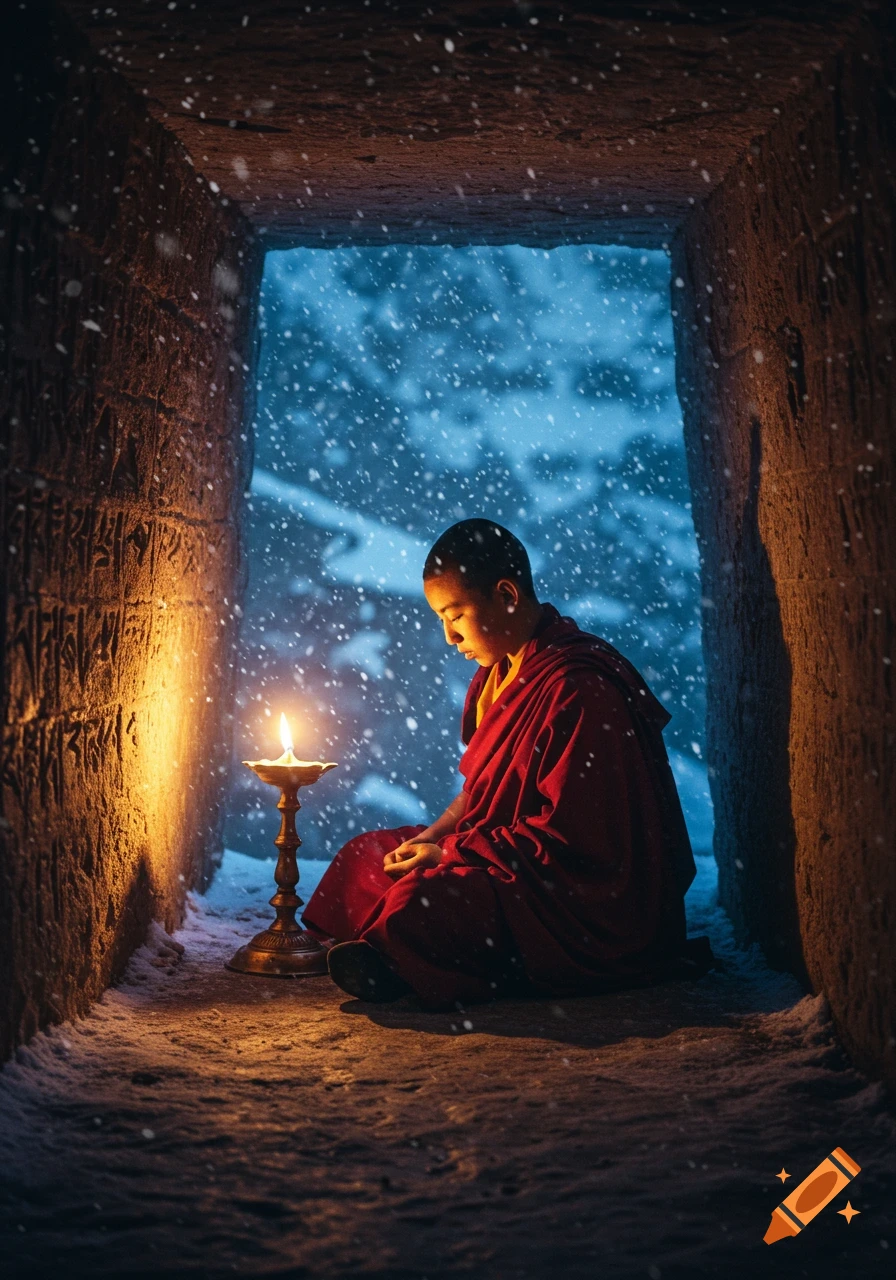 A young monk in red robes meditates by a glowing butter lamp in a snowy stone cave, with ancient symbols on the walls and snow falling outside.