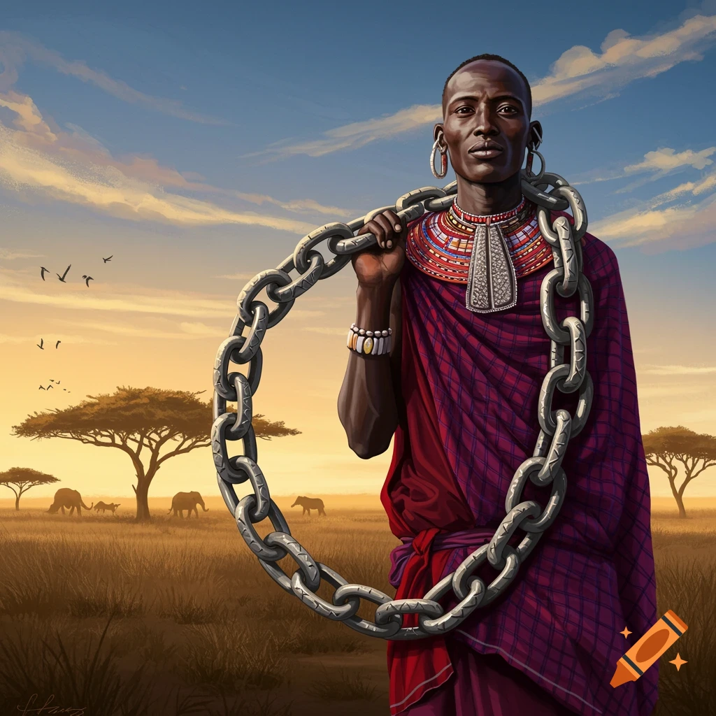 A man in traditional red attire holds a large chain over his shoulder in an African savanna with elephants at sunset.