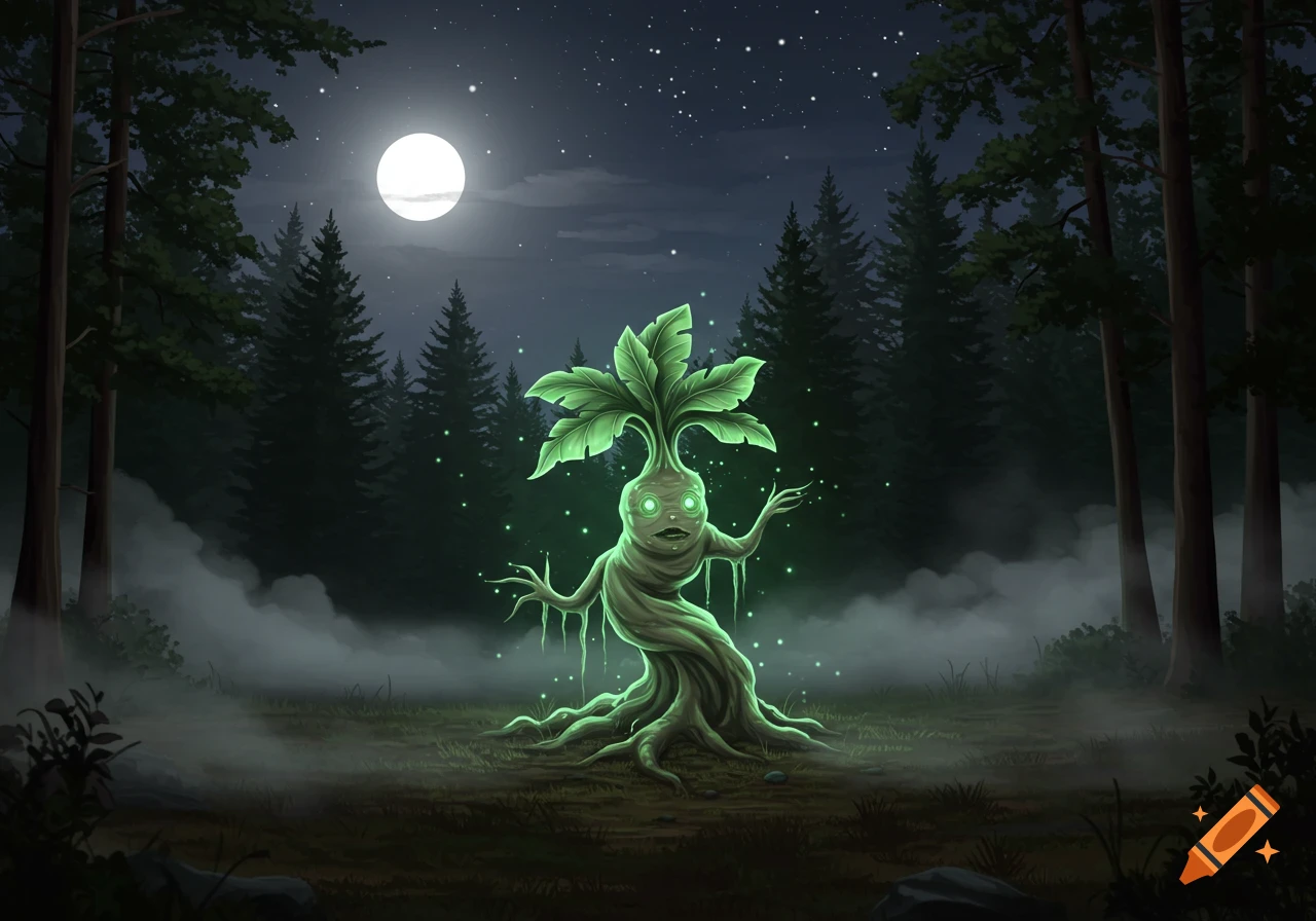 An illustrative glowing mandrake plant stands in a misty dark forest under a bright full moon at night.