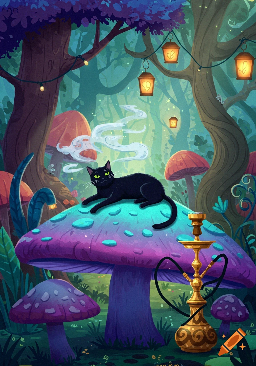 An illustrative fantasy scene depicts a black cat relaxing on a giant, glowing blue and purple mushroom, with a golden hookah nearby. The background is a magical forest with tall trees, smaller mushrooms, and glowing lanterns.