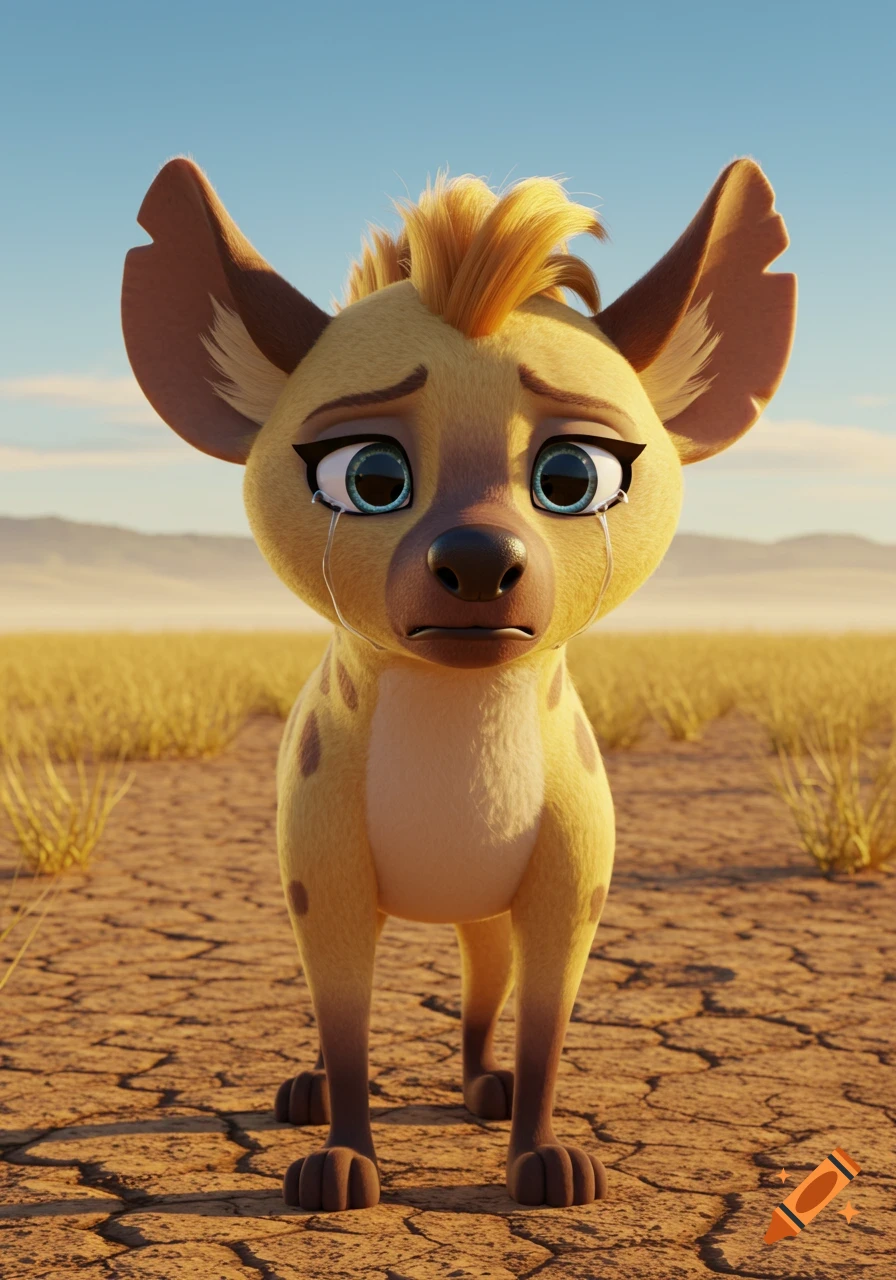A sad cartoon hyena with tears streaming down its face stands in a dry, cracked desert landscape under a sunny sky.