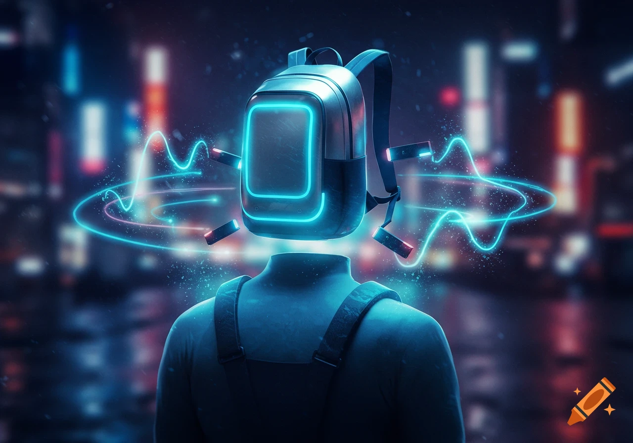 A person from behind wears a futuristic, glowing blue backpack that hovers above their shoulders in a neon-lit city.