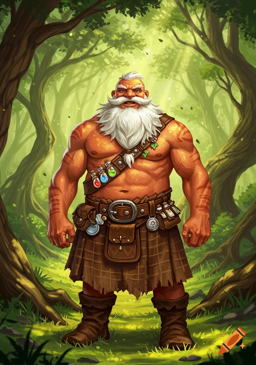 A robust, white-bearded fantasy druid-barbarian wearing a kilt and bandolier, standing in a sunny, green forest.