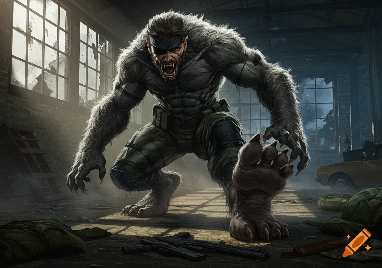 Solid Snake as a ferocious werewolf, crouching and roaring in a dilapidated building with shattered windows. Digital painting.